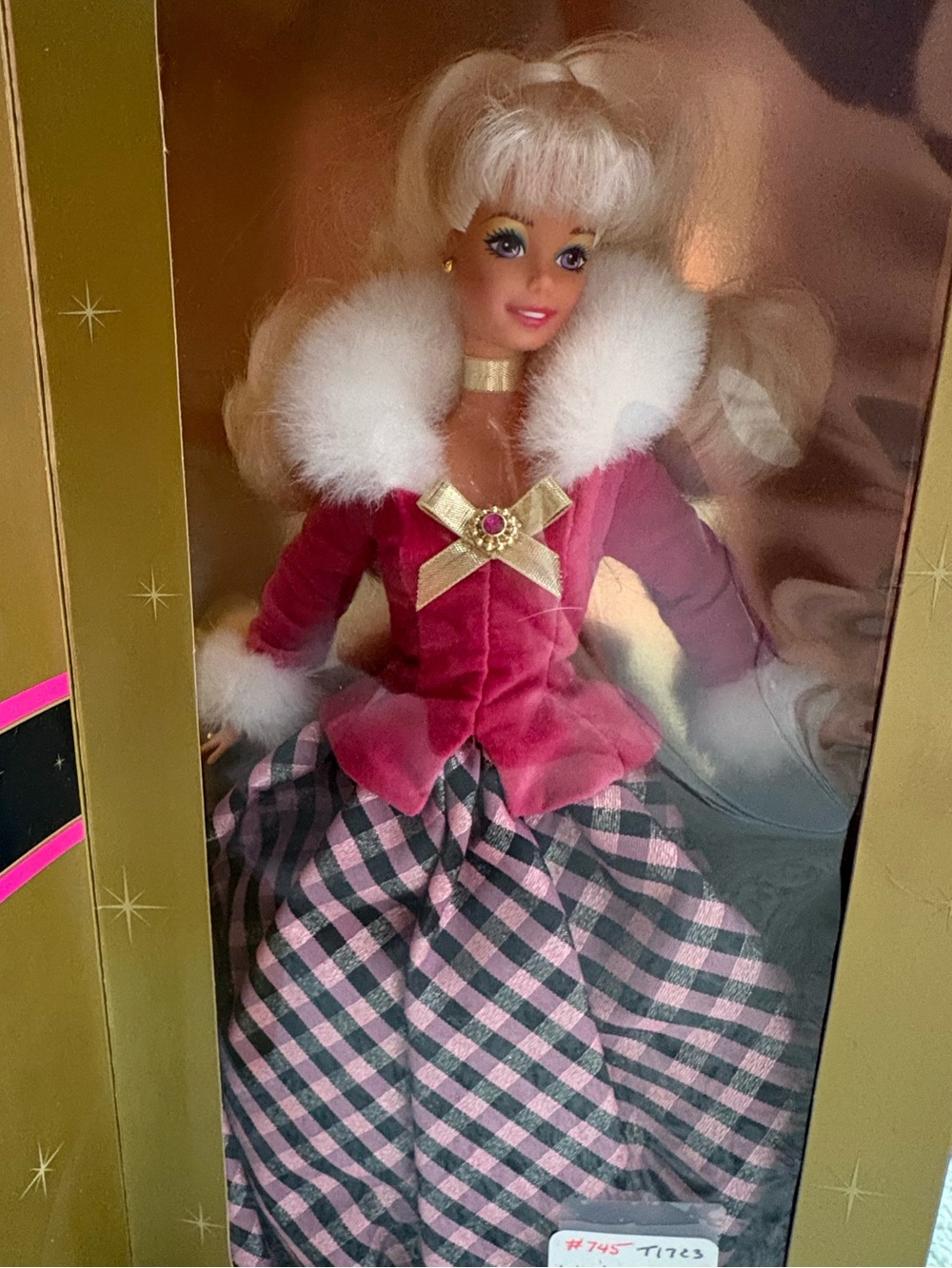 Vintage Avon car Fashion Doll in Pink Velvet & Plaid Gown 1996